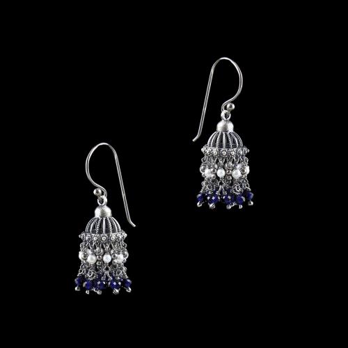 OXIDIZED SILVER JHUMKA WITH SAPPHIRE WITH PEARL