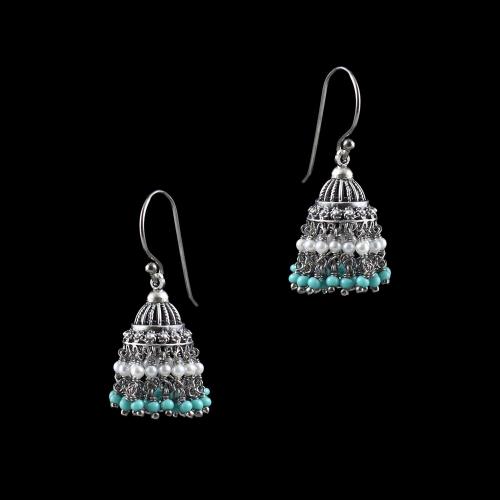 OXIDIZED SILVER JHUMKA WITH TURQUOISE WITH PEARL