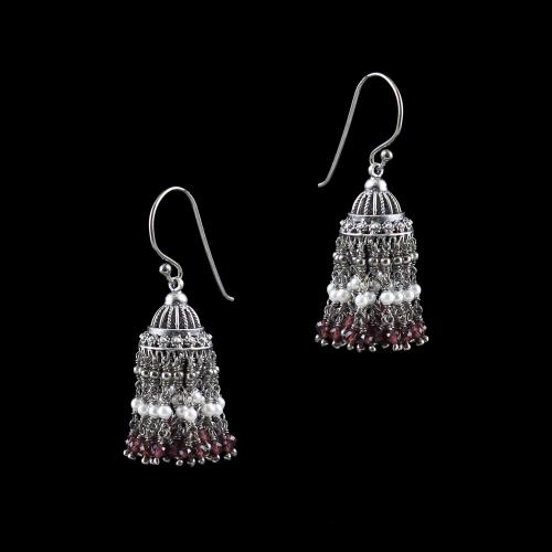 OXIDIZED SILVER JHUMKA WITH GARNET AND PEARL