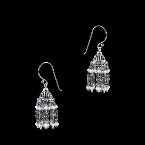 OXIDIZED SILVER JHUMKAS EARRINGS WITH PEARL