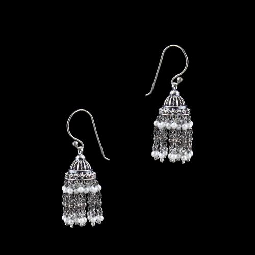 OXIDIZED SILVER JHUMKAS EARRINGS WITH PEARL