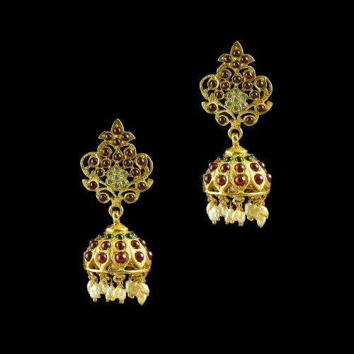 GOLD PLATED MULTI COLOR STONE JHUMKA EARRINGS