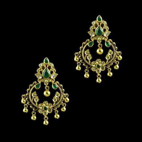 GOLD PLATED CZ AND EMERALD CHANDBALI EARRINGS