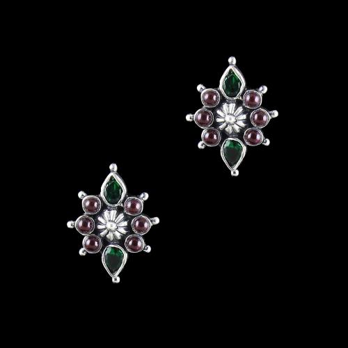 OXIDIZED SILVER RED AND GREEN CORUNDUM STONE FLORAL EARRINGS