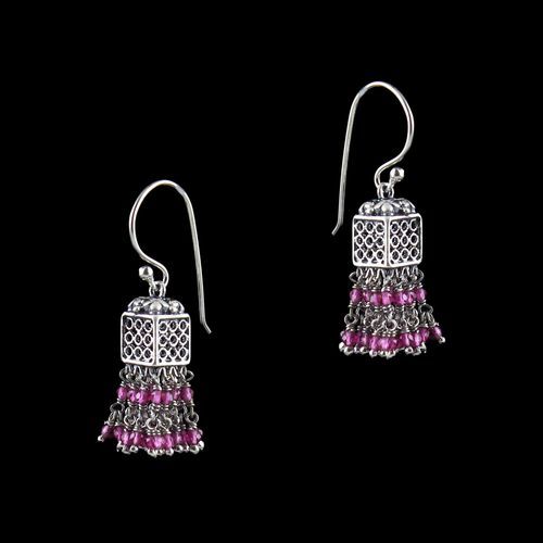OXIDIZED SILVER JHUMKA WITH RED CORUNDUM