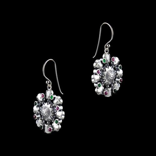 OXIDIZED SILVER FLORAL HANGING EARRINGS WITH RED ONYX AND GREEN HYDRO