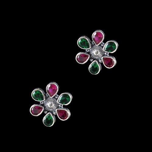 OXIDIZED SILVER WITH RED AND GREEN CORUNDUM FLORAL EARRINGS