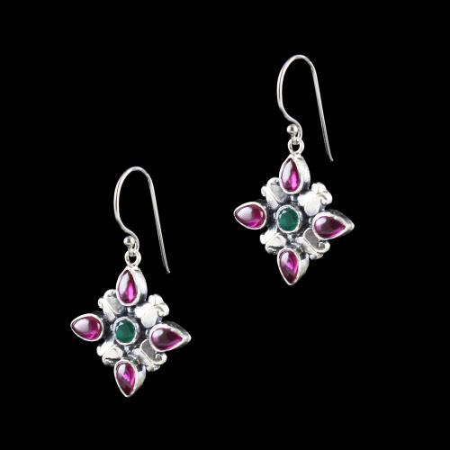 OXIDIZED SILVER WITH RED AND GREEN CORUNDUM FLORAL EARRINGS