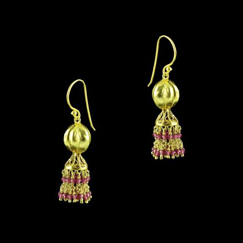 GOLD PLATED JHUMKA HANGING EARRINGS WITH PINK HYDRO