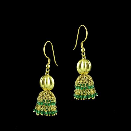 GOLD PLATED JHUMKA HANGING EARRINGS WITH GREEN HRDRO