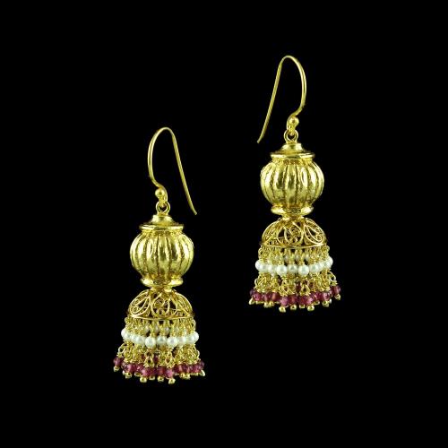 GOLD PLATED JHUMKA HANGING EARRINGS WITH PINK HYDRO AND PEARLS
