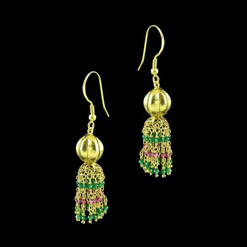GOLD PLATED JHUMKA HANGING EARRINGS WITH GREEN AND PINK HYDRO