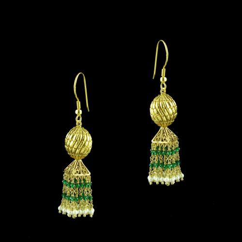 GOLD PLATED JHUMKA HANGING EARRINGS WITH GREEN HYDRO AND PEARLS