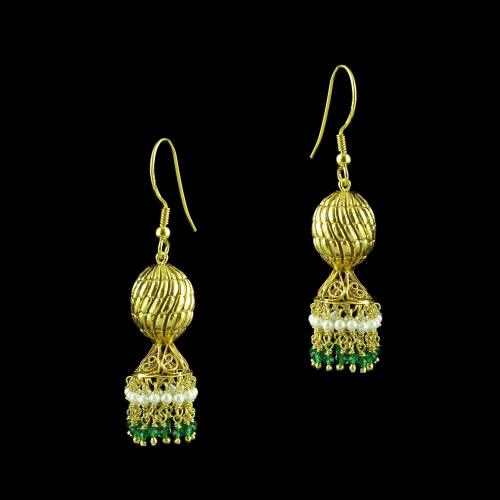 GOLD PLATED HANGING JHUMKA EARRING WITH GREEN HYDRO AND PEARLS