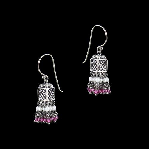 OXIDIZED SILVER HANGING JHUMKA EARRING WITH PINK HYDRO AND PEARLS