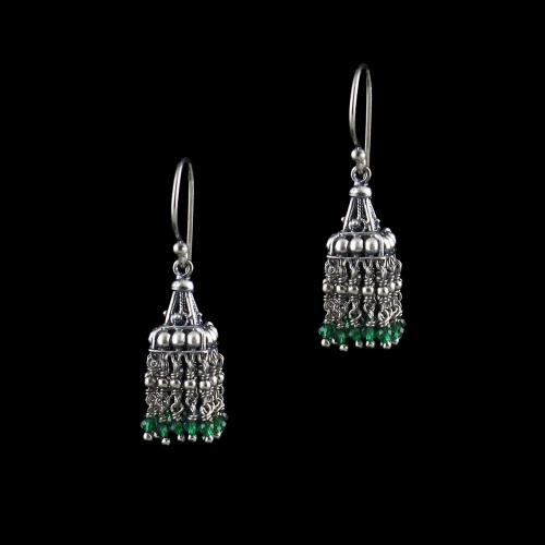 OXIDIZED SILVER HANGING JHUMKA EARRING WITH GREEN HYDRO STONES