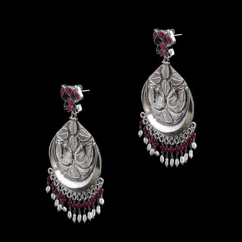 OXIDIZED SILVER KUNDAN AND CHANDBALI EARRINGS WITH RUBY AND PEARLS