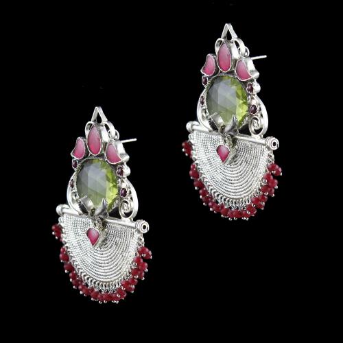 OXIDIZED SILVER EARRINGS WITH RED CORUNDUM AND GARNET