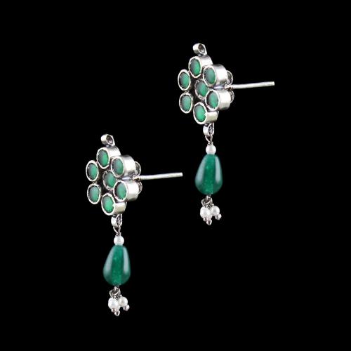 OXIDIZED SILVER KUNDAN STONE EARRINGS WITH JADE AND PEARLS
