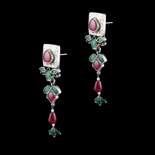 OXIDIZED SILVER KUNDAN EARRINGS WITH RED ONYX AND GREEN HYDRO STONES