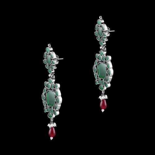 OXIDIZED SILVER KUNDAN STONES DROP EARRINGS WITH RUBY AND PEARLS