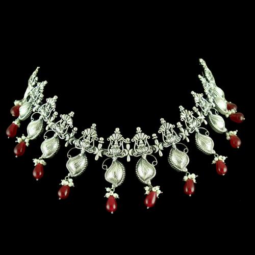 OXIDIZED SILVER RED ONYX NECKLACE WITH PEARLS