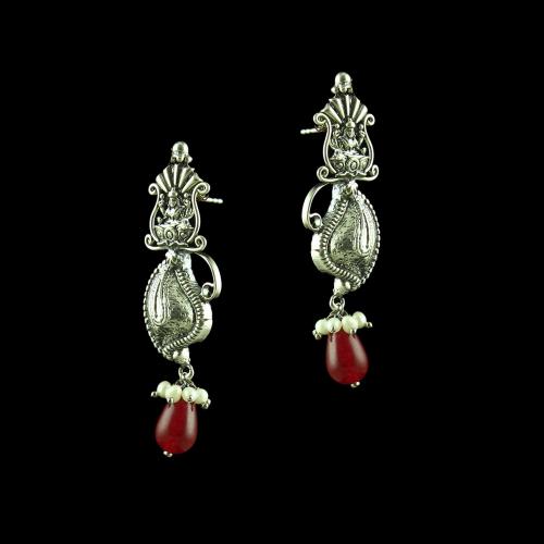 OXIDIZED LAKSHMI DROPS EARRINGS WITH RUBY AND PEARLS