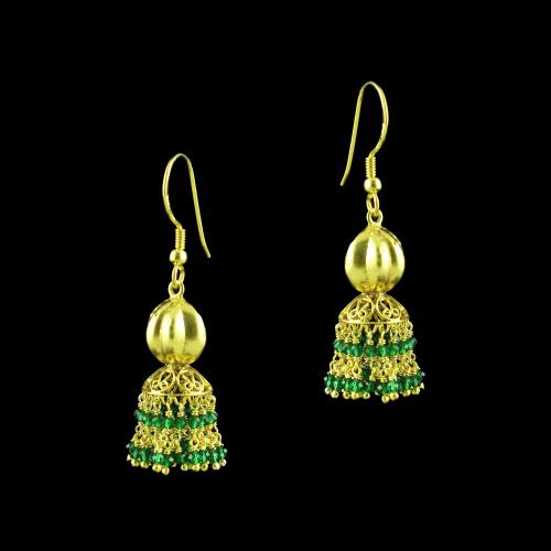 GOLD PLATED HANGING JHUMKA EARRINGS WITH GREEN HYDRO STONES