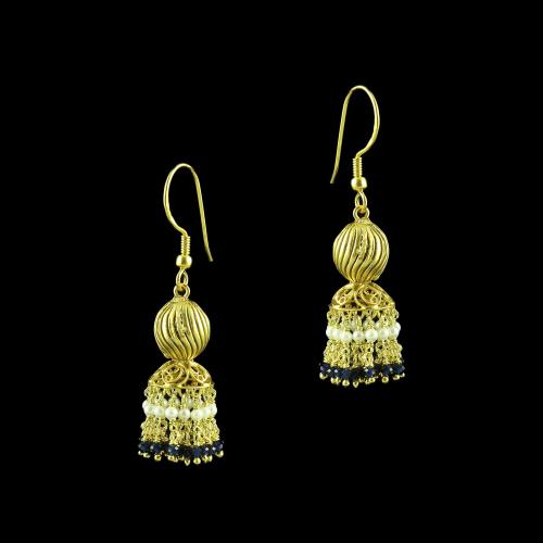 GOLD PLATED HANGING JHUMKA EARRINGS WITH BLUE HYDRO AND PEARLS