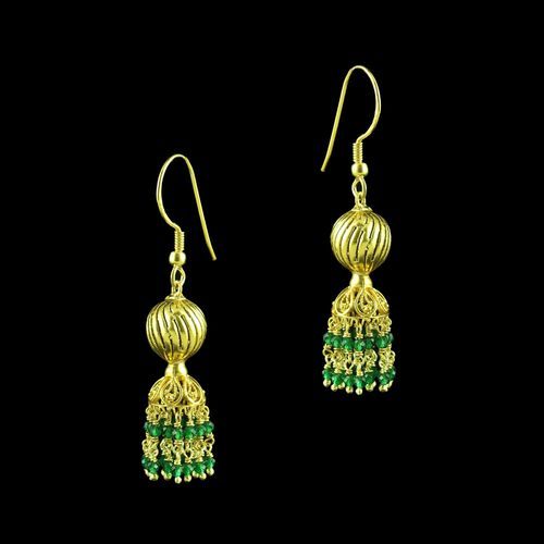 GOLD PLATED HANGING JHUMKA EARRINGS WITH RED AND GREEN HYDRO STONES