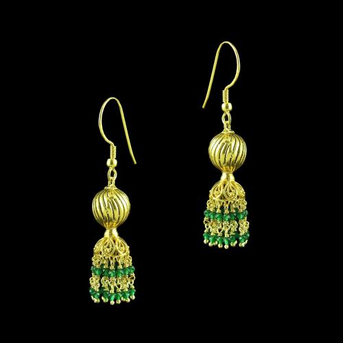 GOLD PLATED HANGING JHUMKA EARRINGS WITH RED AND GREEN HYDRO STONES