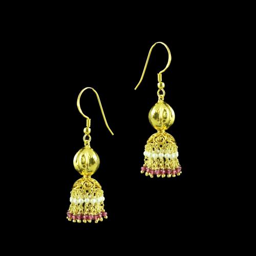 GOLD PLATED HANGING JHUMKA EARRINGS WITH PINK HYDRO AND PERALS