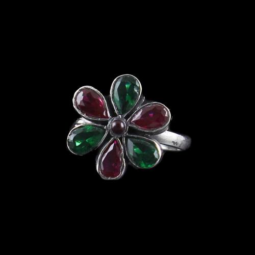 OXIDIZED SILVER FLORAL TOE RING WITH RED AND GREEN CORUNDUM STONES