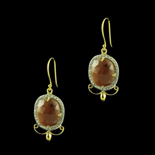 GOLD PLATED CURVED FLORAL  AGATE AND CZ HANGING EARRING