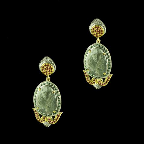 GOLD PLATED CURVED FLORAL  AGATE AND CZ  EARRINGS