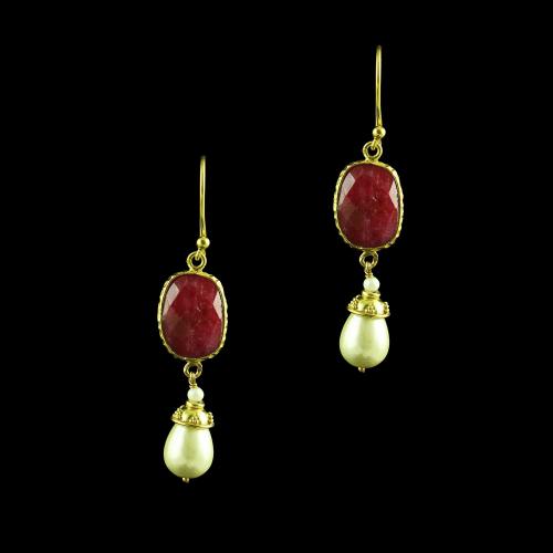 GOLD PLATED RUBY AND PEARL HANGING  EARRINGS