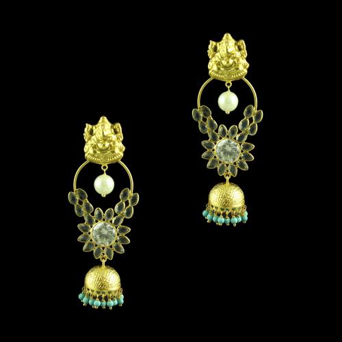 GOLD PLATED JHUMKAS CRYSTAL AND TURQUOISE WITH PEARL EARRINGS