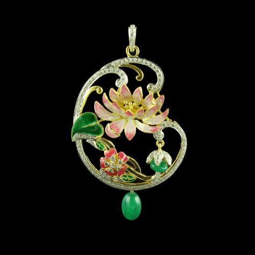 GOLD PLATED CZ FLORAL ENAMEL WITH GREEN ONYX PENDANT