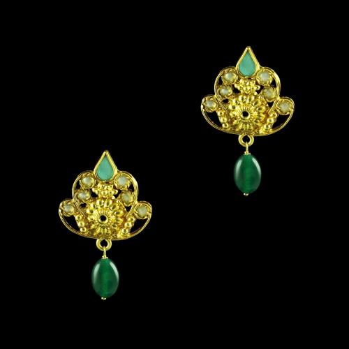 GOLD PLATED TURQUOISE  AND GREEN ONYX WITH PEARL EARRINGS