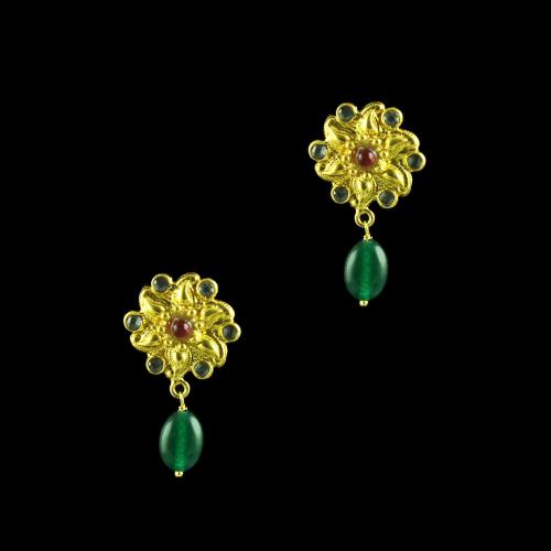 GOLD PLATED CRYSTAL AND GREEN ONYX FLORAL EARRINGS