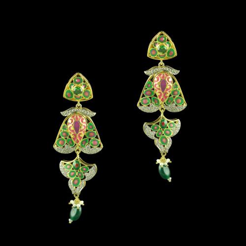 GOLD PLATED CZ WITH GREEN ONYX AND PEARL EARRINGS