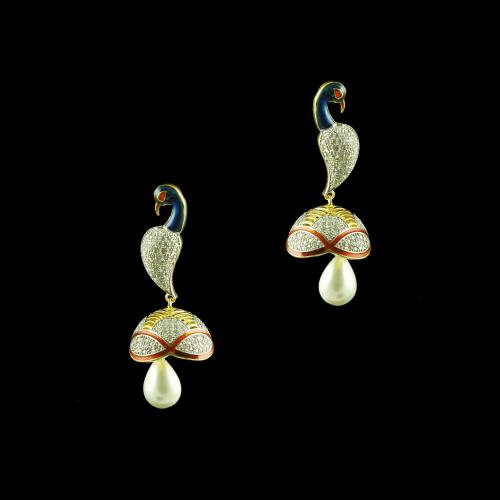 GOLD PLATED PEACOCK JHUMKAS WITH CZ AND PEARL EARRINGS