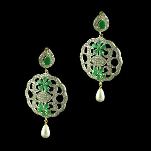 GOLD PLATED EMERALD AND CZ WITH PEARL EARRINGS