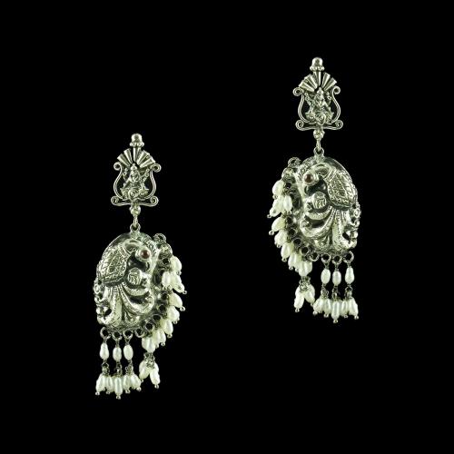 OXIDIZED PEACOCK NAKSHI WITH PEARL EARRINGS