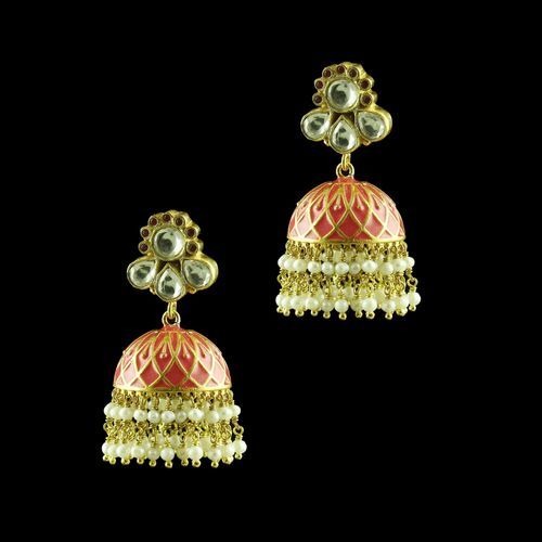 GOLD PLATED KUDAN ENAMEL JHUMKAS WITH PEARL
