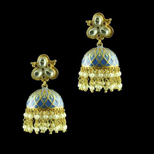 GOLD PLATED KUDAN ENAMEL JHUMKAS WITH PEARL