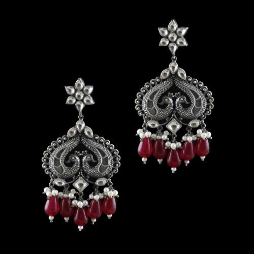 OXIDIZED SILVER KUNDAN PEACOCK DROPS EARRINGS WITH PEARL AND RED CORUNDUM BEADS