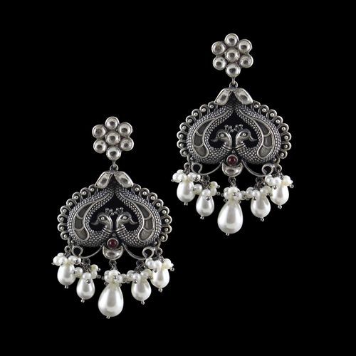 OXIDIZED SILVER KUNDAN PEACOCK DROPS EARRINGS WITH PEARL
