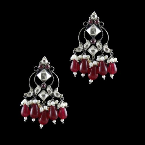 OXIDIZED SILVER KUNDAN DROPS EARRINGS WITH PEARL AND RED CORUNDUM BEADS