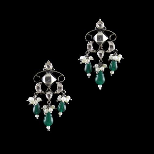 OXIDIZED SILVER KUNDAN DROPS EARRINGS WITH PEARL AND GREEN HYDRO